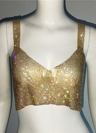 Deep V nick Rhinestone Metal Camisole Split Short Top