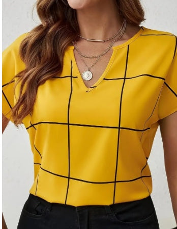 Plaid Print Notched Neck Short Sleeve Blouse