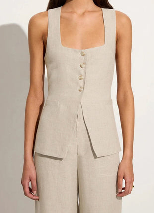 Cotton Sleeveless Square Collar Lace Up Vest High Waist Wide Leg Pants Suit Set