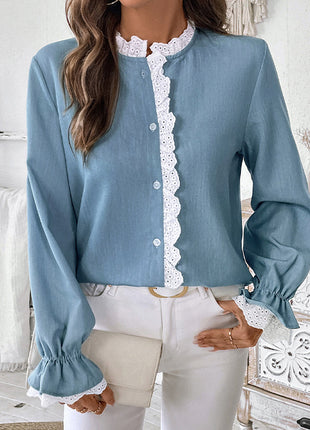 Single-breasted Lace Collar Blue Top