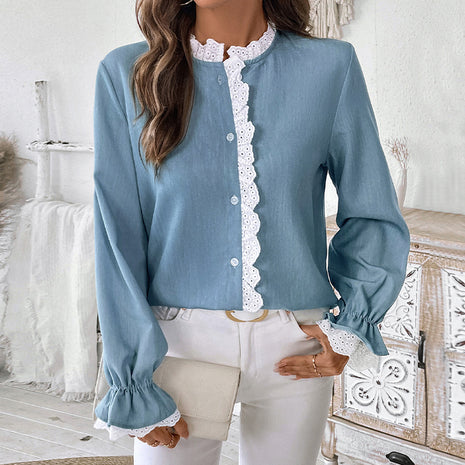 Single-breasted Lace Collar Blue Top