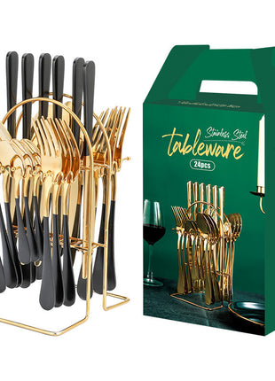 24 PC Dinnerware Set Stainless Steel Tableware Set Knife Fork Spoon Luxury Cutlery Set With Storage Rack