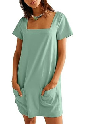 Square Collar Short Sleeve Short Skirt Pocket Dress