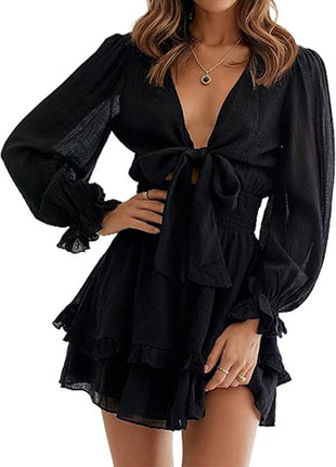 V-neck Ruffled Slimming Long Sleeves Dress