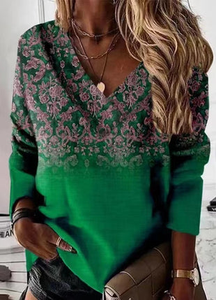 Retro V-neck Long-sleeved T-shirt