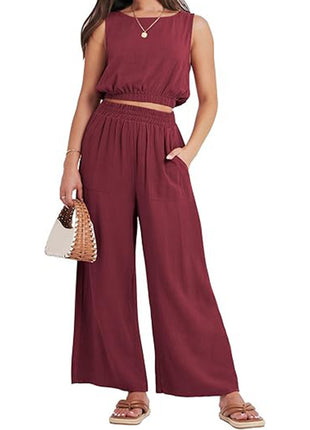 Round Neck Sleeveless Lower Hem High Waist Wide Leg Two-piece Set