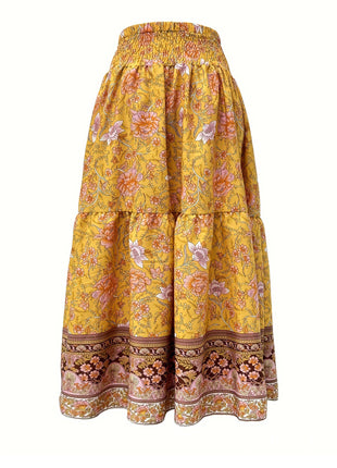 Waist-controlled Simple Floral Print Tassel Skirt