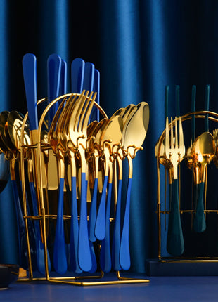 24 PC Dinnerware Set Stainless Steel Tableware Set Knife Fork Spoon Luxury Cutlery Set With Storage Rack