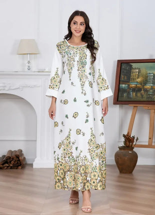 Elegant Flower Diamond Long Sleeve Round Neck Dress