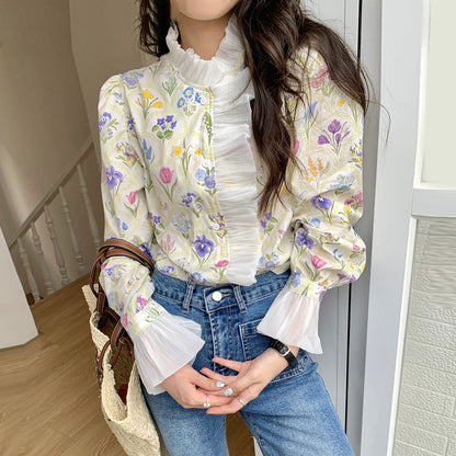 French Romantic Turtleneck Patchwork Ruffled Printing Flare Sleeve Shirt