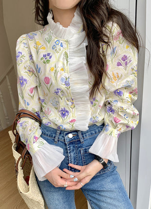 Romantic Turtleneck Patchwork Ruffled Flare Sleeve Shirt