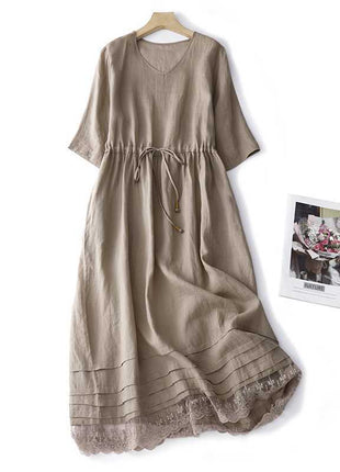 Ramie Mori Style Retro Crew Neck Dress