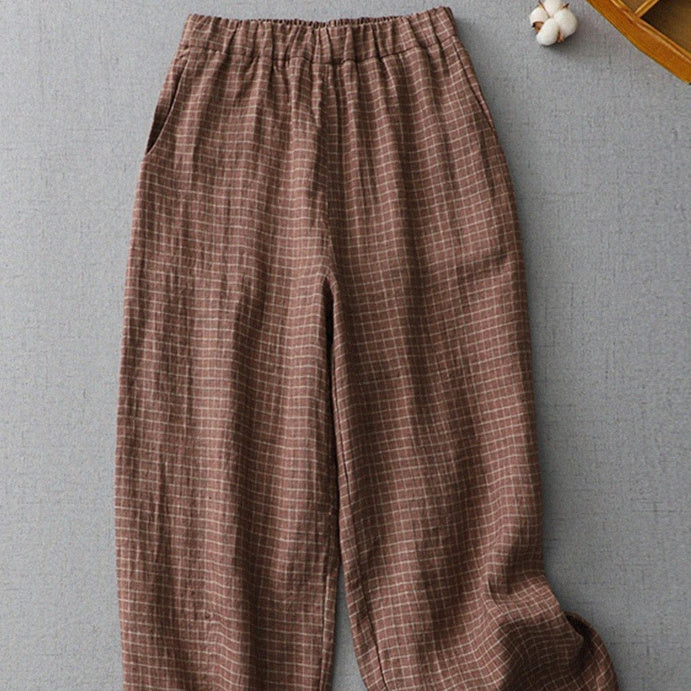 Plaid Linen Pants Casual Plus Size