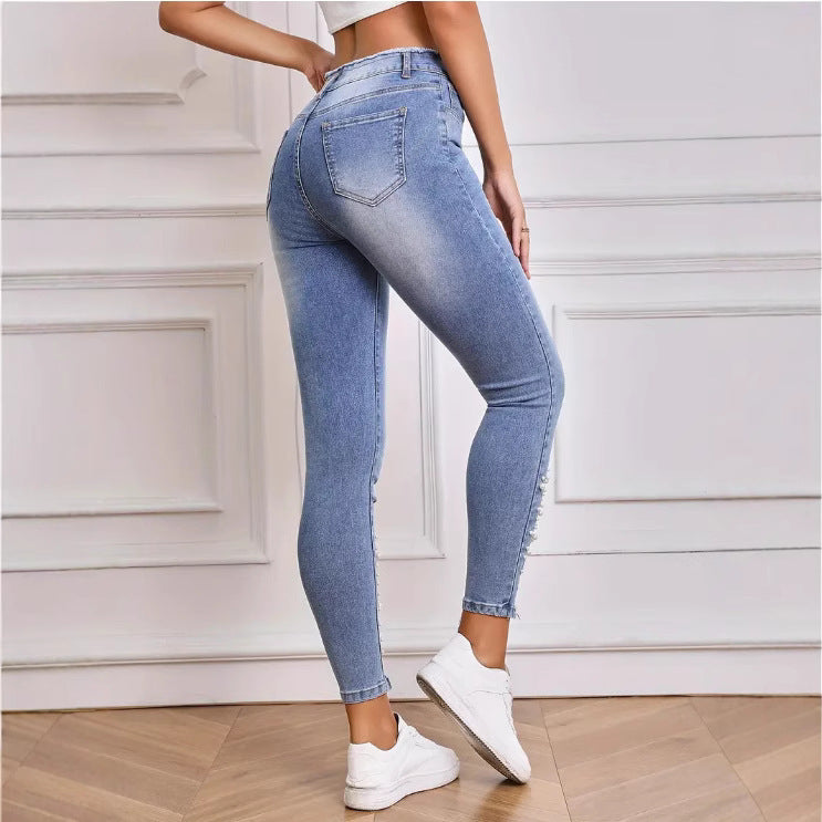 High Waist Denim Trousers Pearl Ripped Tassel