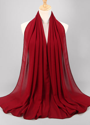 Elegant Women's Monochrome Lace Panel Pearl Chiffon Scarf