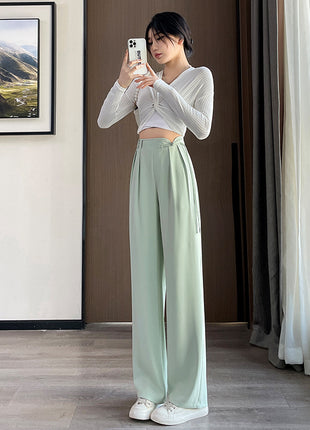 New Style Buckle High Waist Casual Elastic Waist Wide Leg Pants