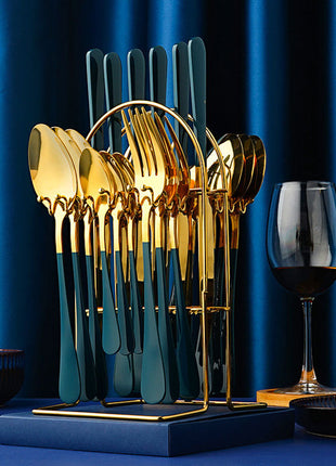 24 PC Dinnerware Set Stainless Steel Tableware Set Knife Fork Spoon Luxury Cutlery Set With Storage Rack