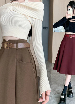 Woolen Mid-Length High Waist Skirt