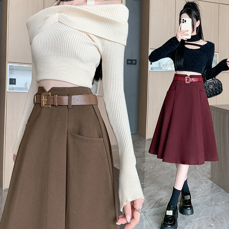 Woolen Skirt Mid-Length High Waist