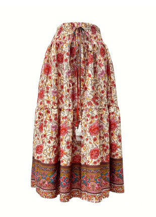 Waist-controlled Simple Floral Print Tassel Skirt