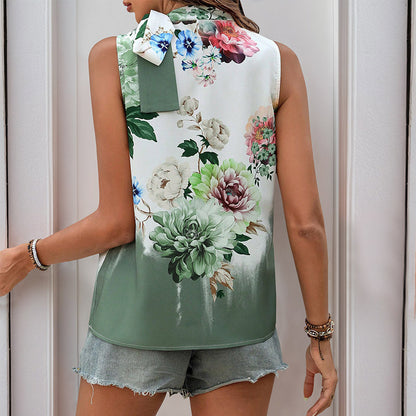 Printed Sleeveless Halter Lace-up Shirt