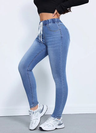 Denim Winter Drawstring Elastic Waist High Elastic Feet Trousers