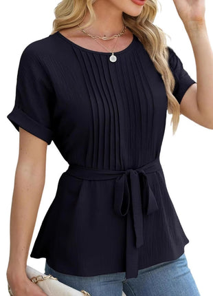 Casual Shirt Ruffled Pleated Round Neck Short Sleeve Top