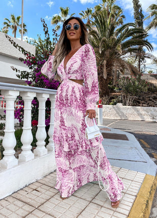 V-neck Long-sleeved Long Dress