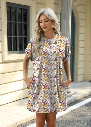 Loose Crew Neck Short Sleeve Printed Pocket Dress