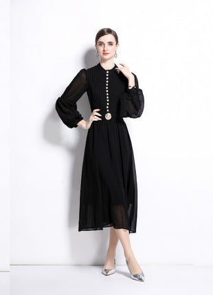 Buckle Pleated Stitching Puff Sleeve Waist-controlled Large Hem Temperament Dress