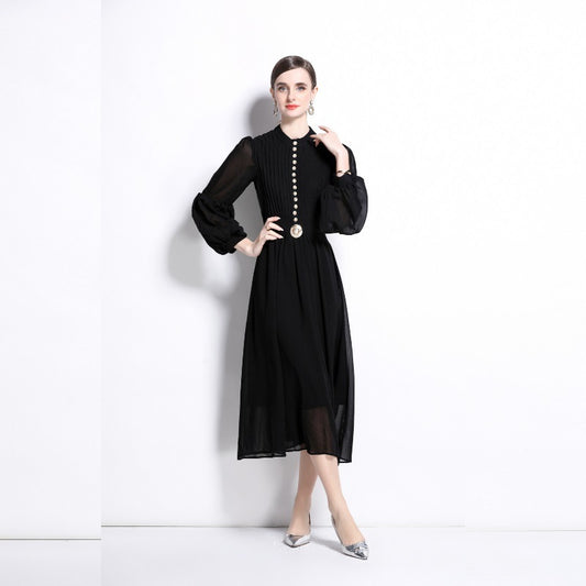 Buckle Pleated Stitching Puff Sleeve Waist-controlled Large Hem Temperament Dress