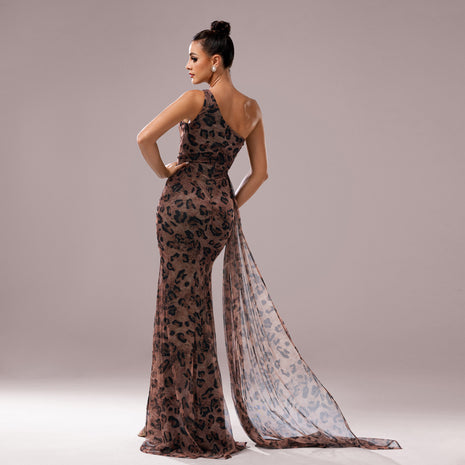 One-Shoulder Leopard Sequined Evening Dress