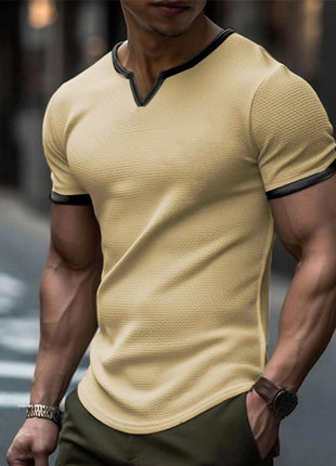 Color-block V Neck Outdoor Sports Waffle T-shirt