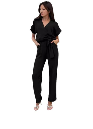 Short Sleeved V-neck Pocket Jumpsuit