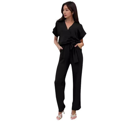 Short Sleeved V-neck Pocket Jumpsuit