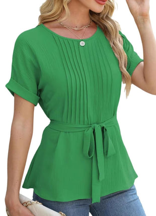 Casual Shirt Ruffled Pleated Round Neck Short Sleeve Top