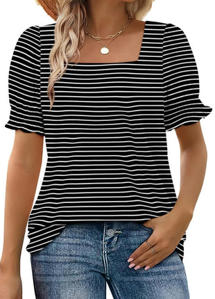 U-neck Petal Sleeve Loose Stripes T-shirt