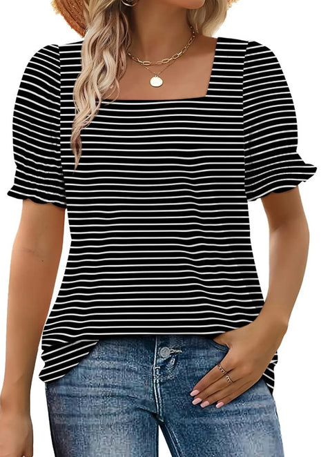 U-neck Petal Sleeve Loose Stripes T-shirt