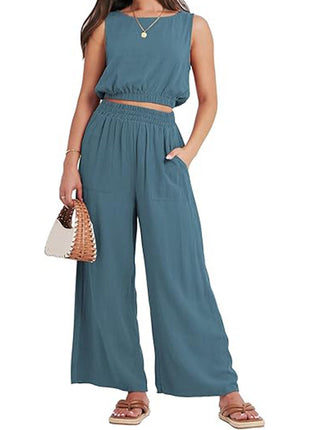 Round Neck Sleeveless Lower Hem High Waist Wide Leg Two-piece Set
