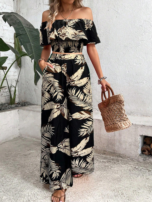 Tropical Off Shoulder Top With Lace Trim And Wide Leg Pants Set