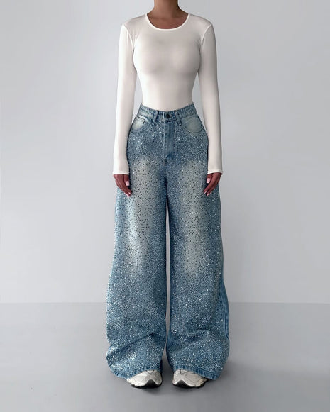 Denim Irregular Rhinestone Jeans