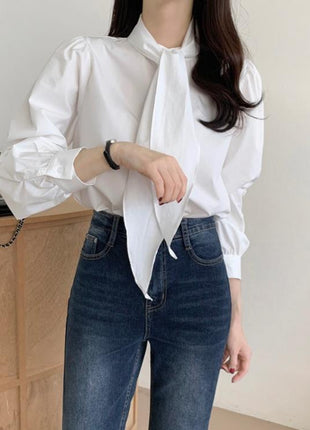Korean Gentle Lace-up Bow Tie Puff Sleeve Shirt
