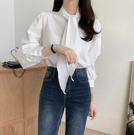 Korean Gentle Lace-up Bow Tie Puff Sleeve Shirt