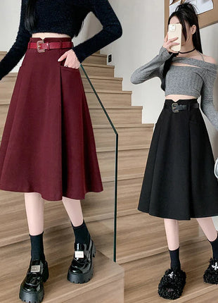 Woolen Mid-Length High Waist Skirt
