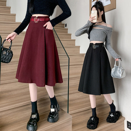 Woolen Skirt Mid-Length High Waist