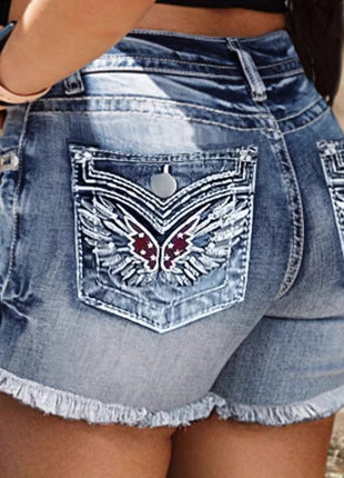 Embroidery Design Washed Frayed Hem Denim Shorts
