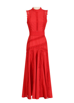 Round Neck Sleeveless Waist Lace Stitching Dress