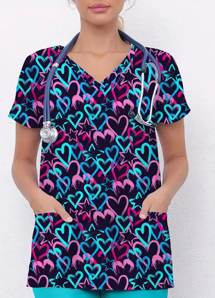 Vibrant Print Scrub Top Casual V-Neck Short Sleeve