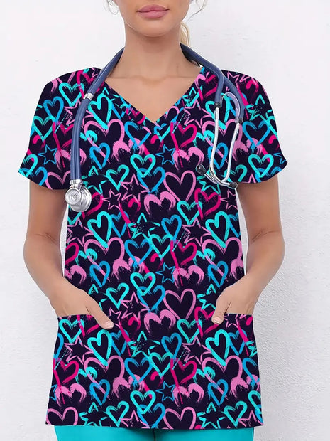 Vibrant Print Scrub Top Casual V-Neck Short Sleeve