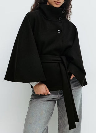 Winter High Neck Batwing Sleeve Coat with Belt